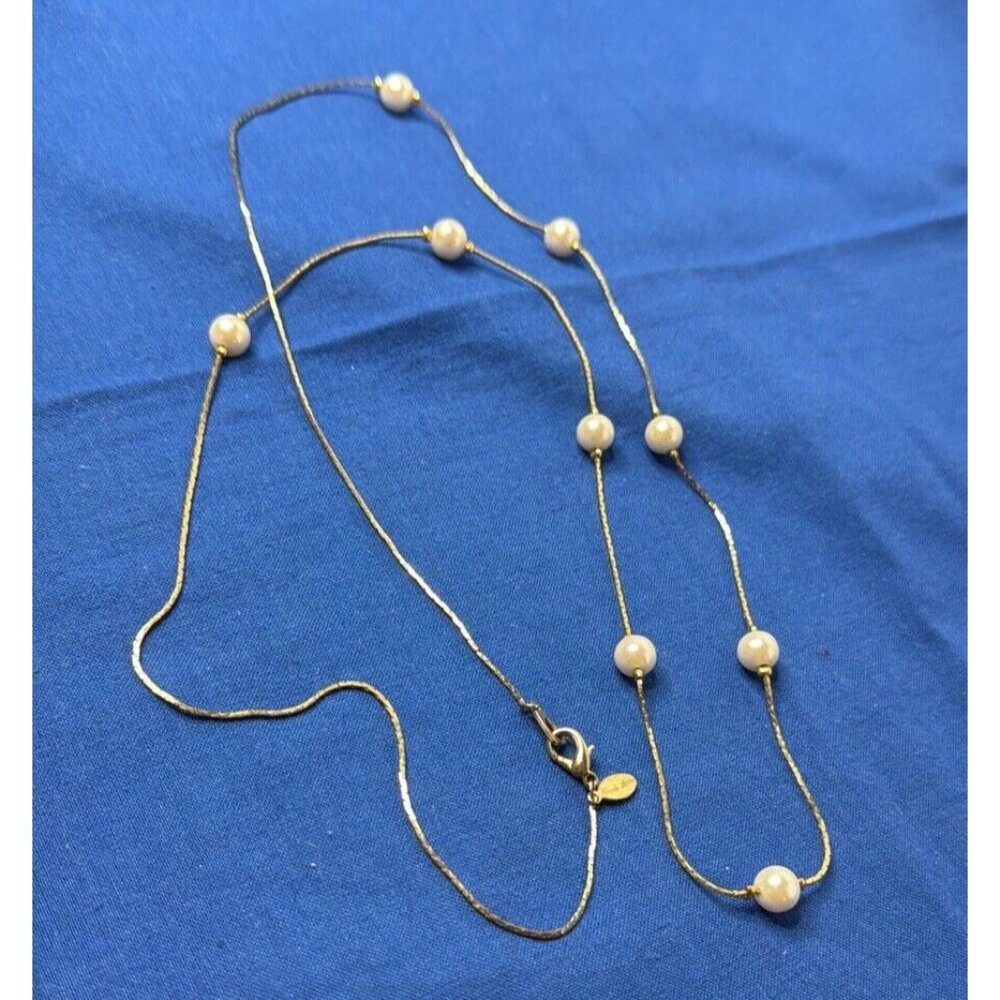 Park Lane Faux Pearl Elegant Gold Tone Chain Signed Tag Station 36" Necklace